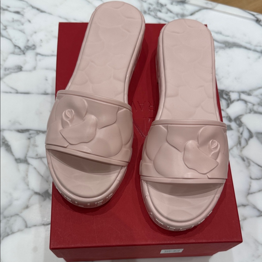 Valentino Pink Floral Appliqué Slide Sandals